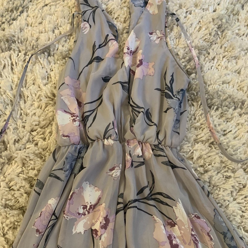 M-L Periwinkle romper; fully lined; tie enclosure on back